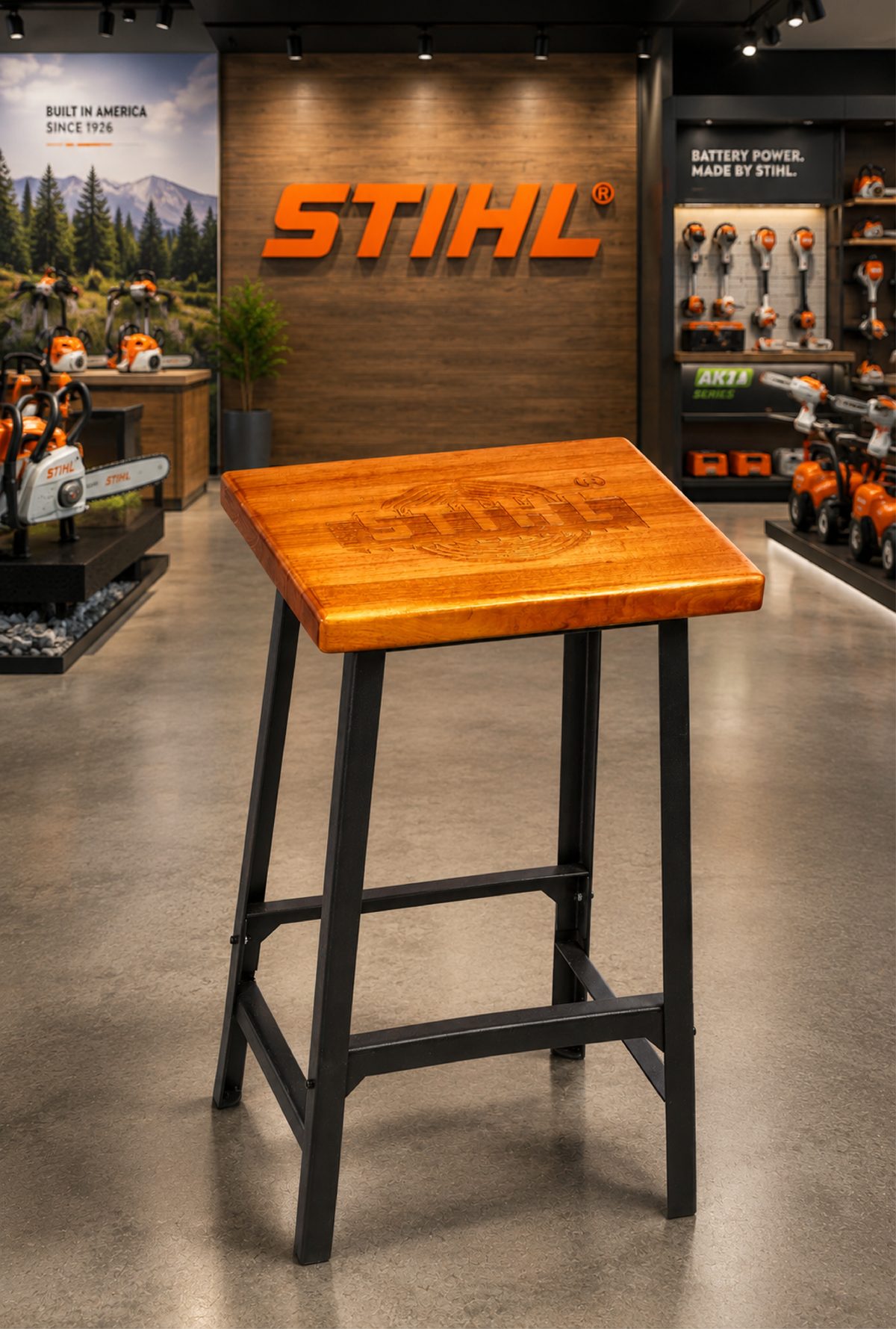 Branded wood and steel retail stool